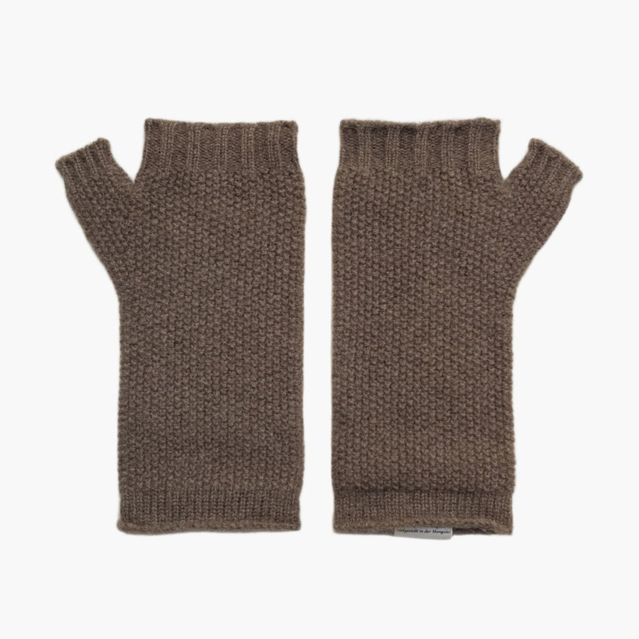 yak wool fingerless mittens in medium brown