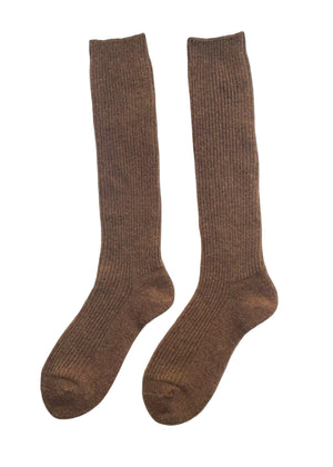 Pair of camel brown knee-high socks on a white background