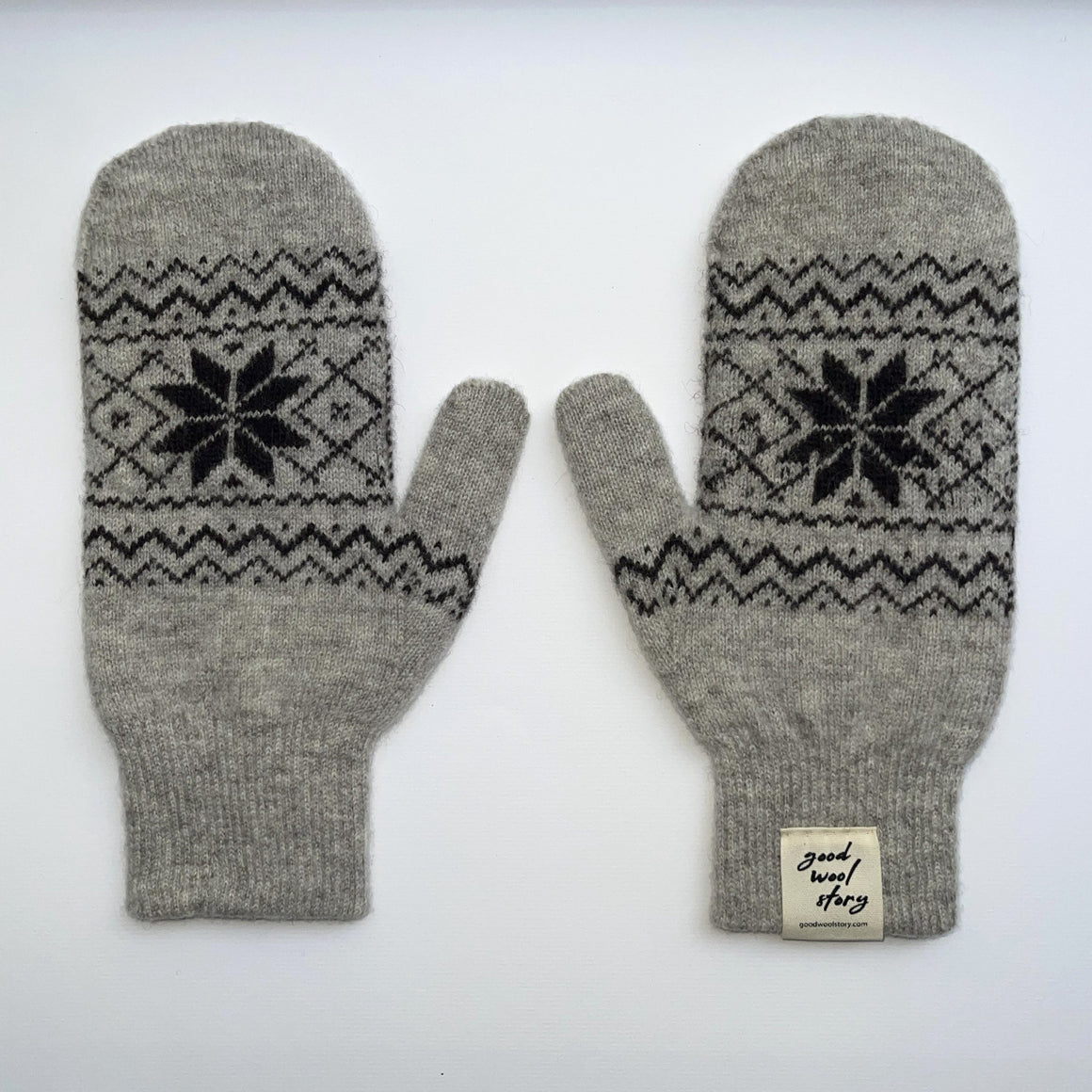 Pair of gray mittens with black pattern on a white background