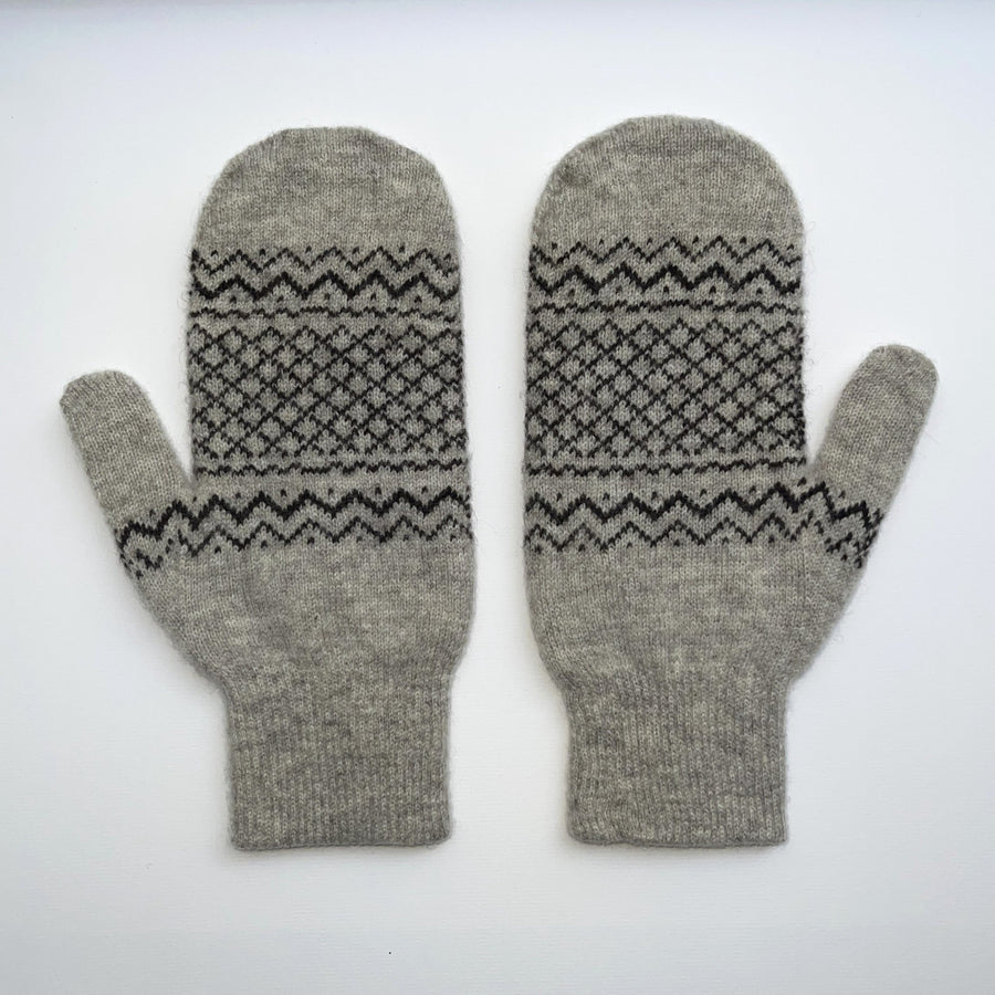 Pair of gray mittens with black pattern on a white background