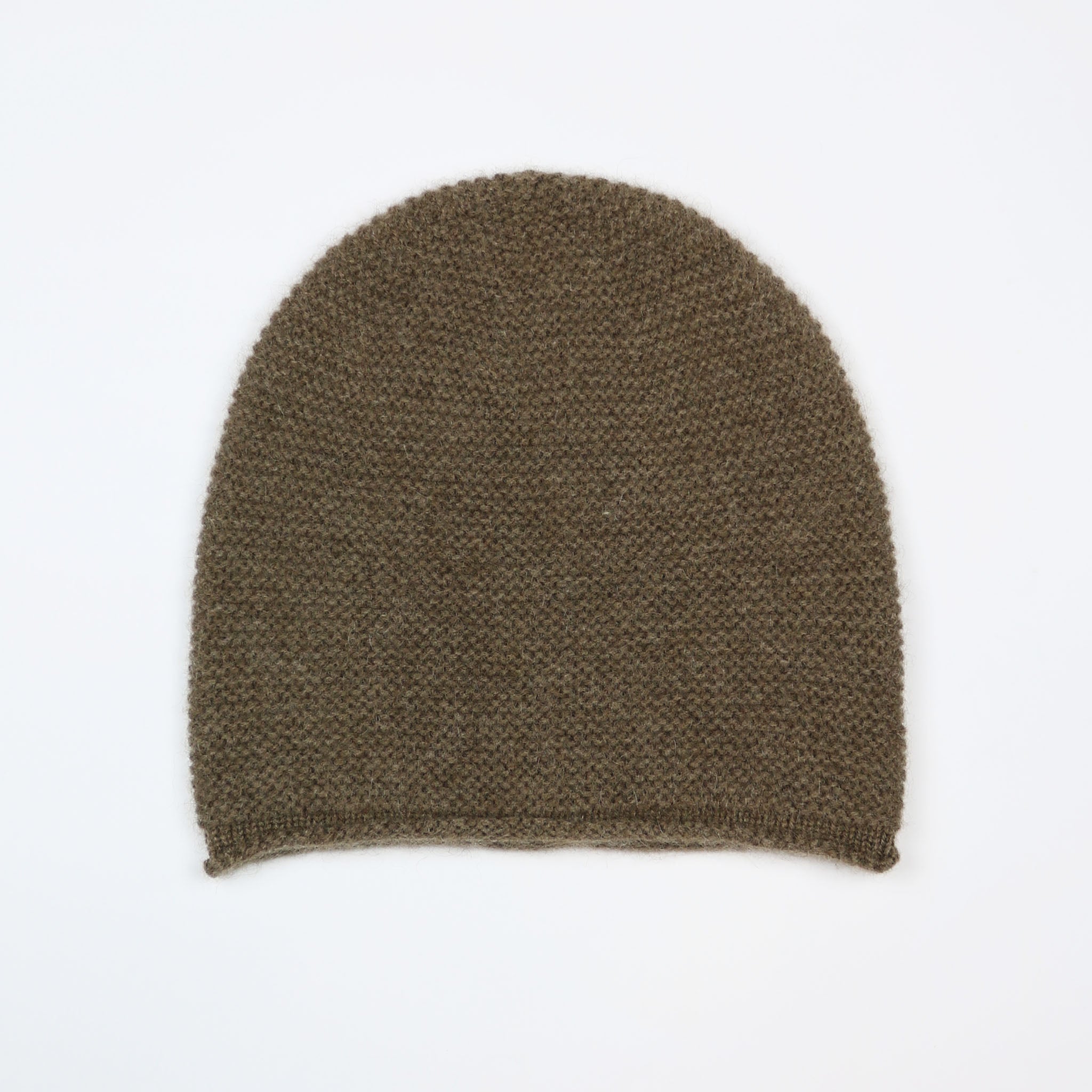 Brown knit beanie on a white background